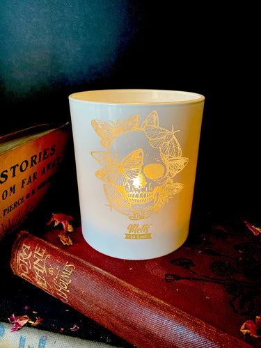 White Skull Multiple Moth Etched Candle