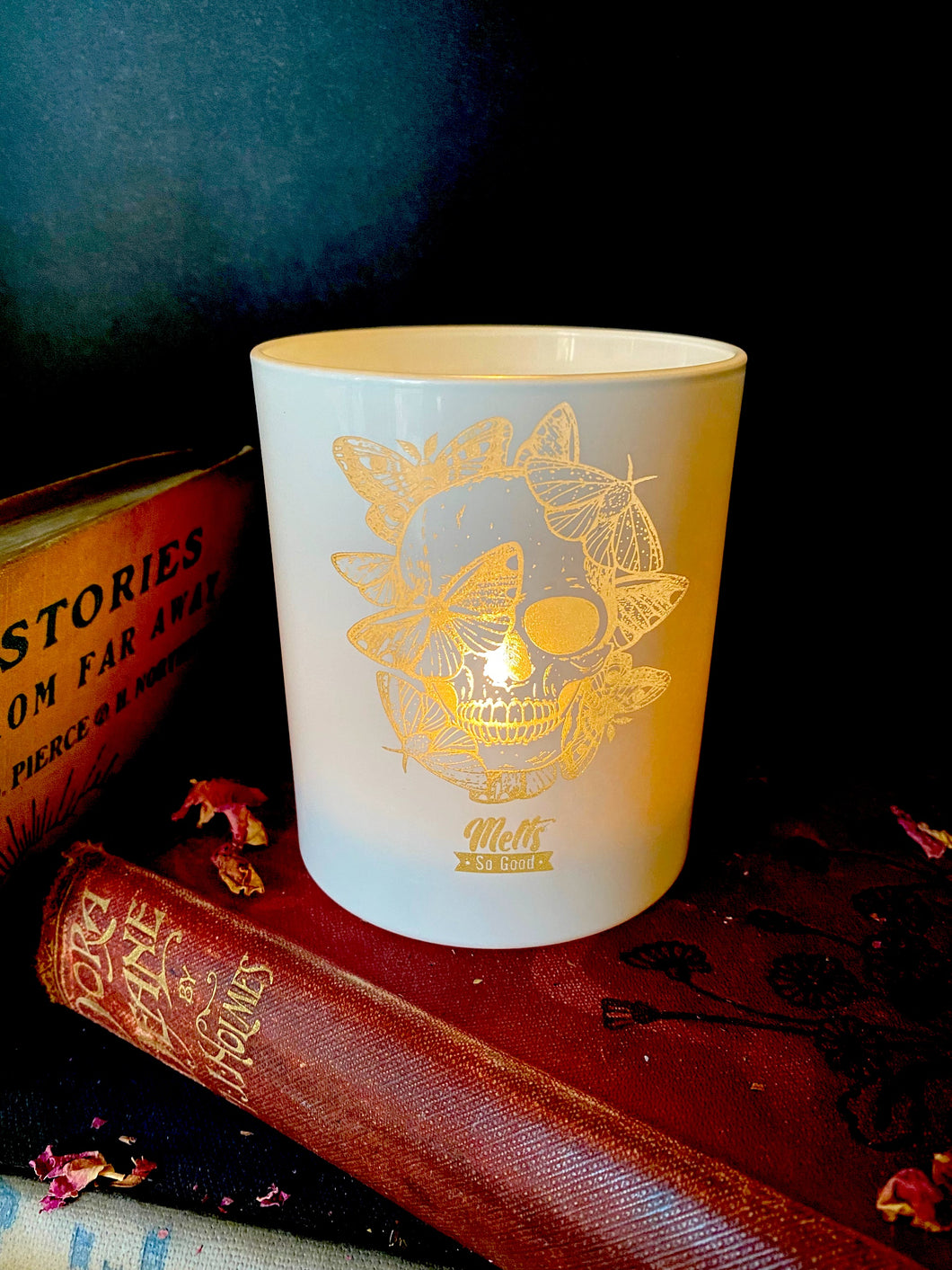 White Skull Multiple Moth Etched Candle