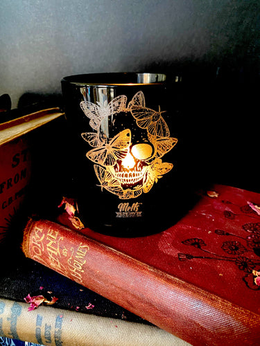 Black Skull Multiple Moth Etched Candle