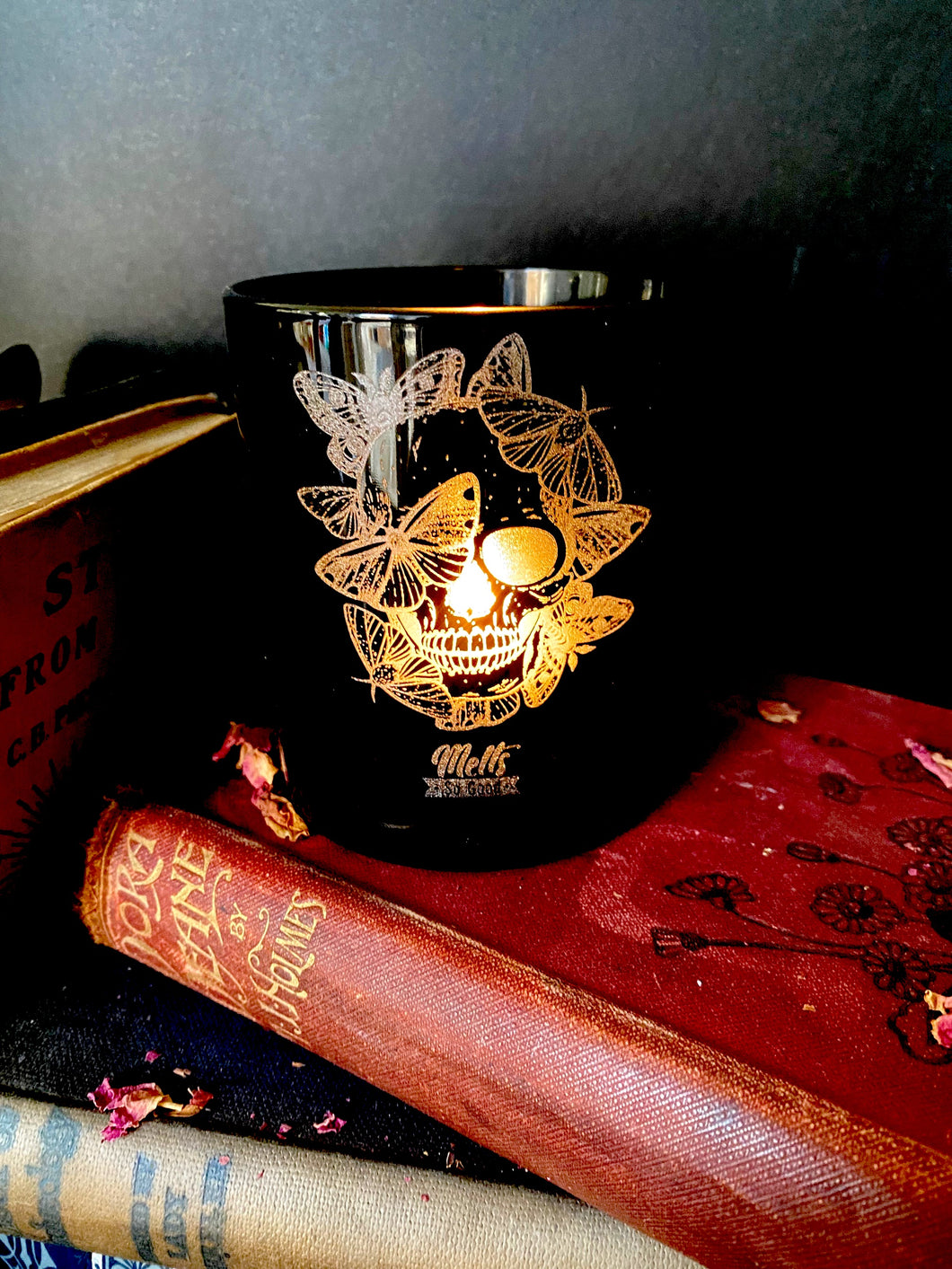 Black Skull Multiple Moth Etched Candle